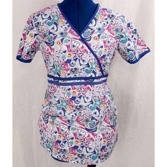 Liana Tops - Liana Medical Scrub Top Women's XS Blue Multicolor Pattern VTG V-Neck Tie Back